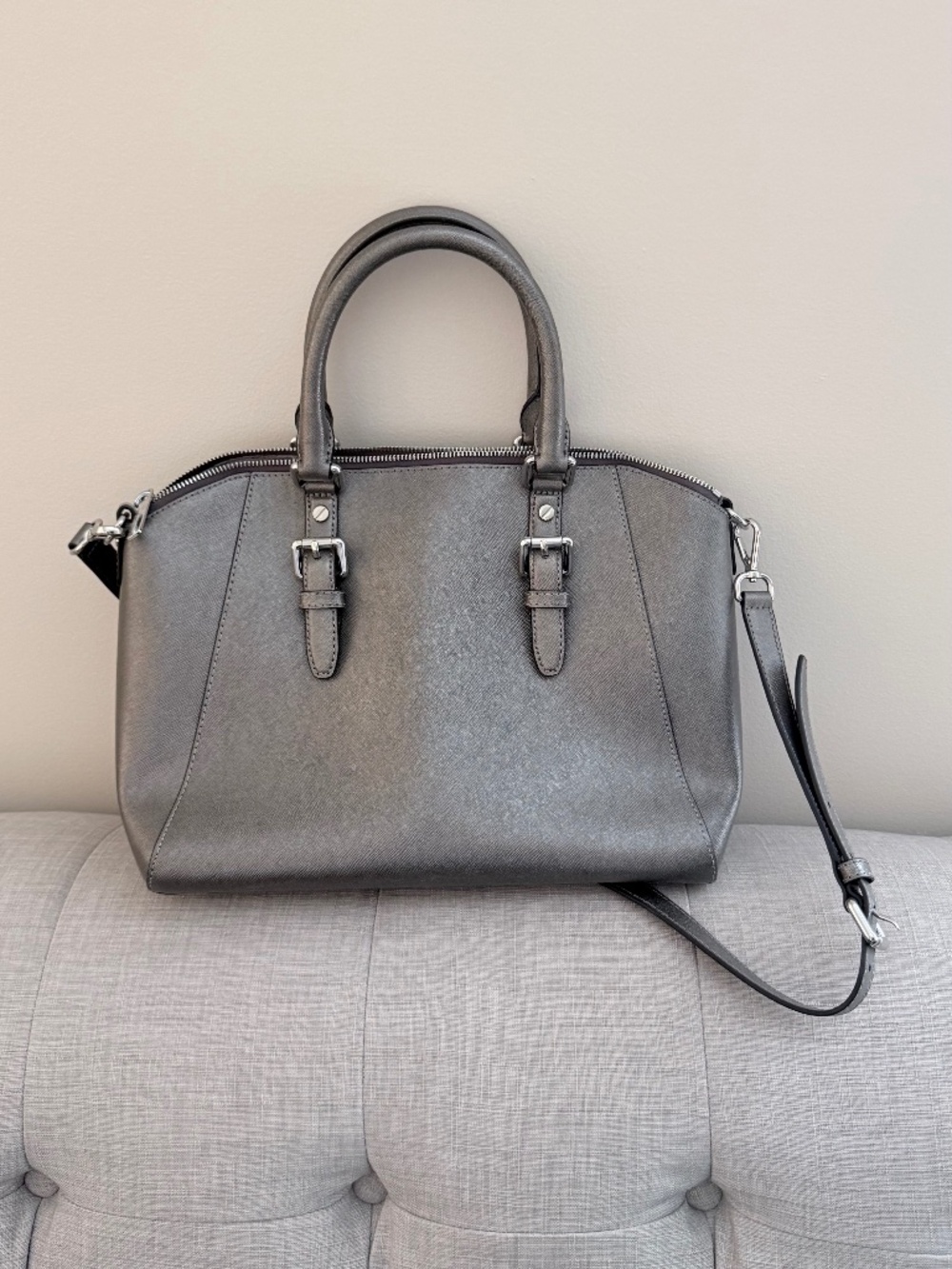 Michael Kors Ciara Medium Saffiano Leather Satchel – Metallic Gray / Gunmetal - Picture 2 of 7